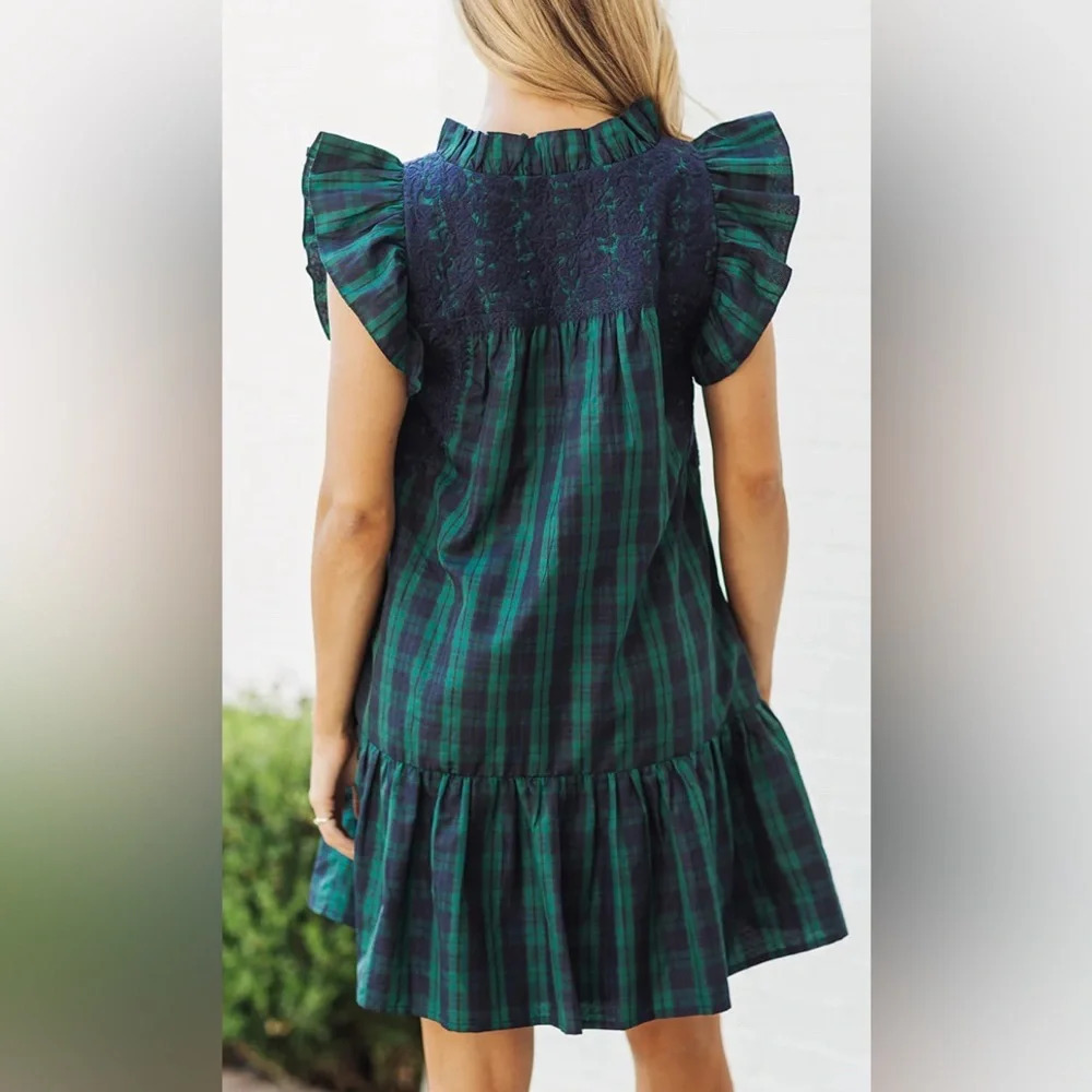 NWT The Joyce Ruffle Neck Dress Hunter Navy & Green Plaid Size Small - Picture 4 of 10